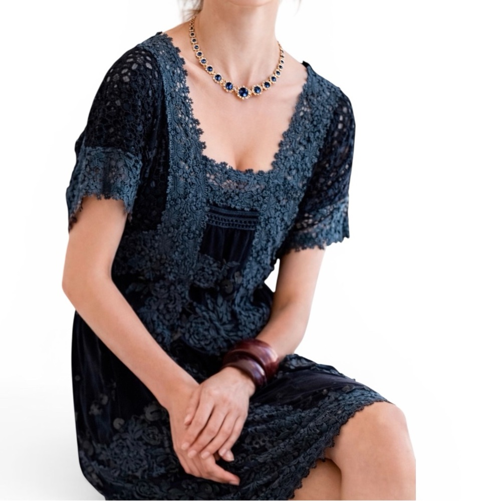 Johnny Was Georgette embroidered crocheted dress NWT